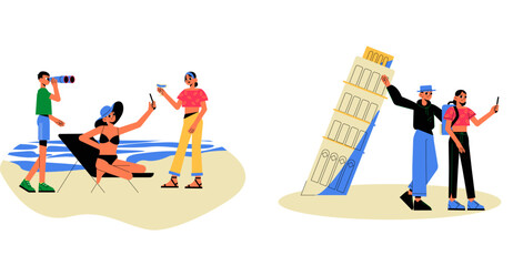 Tourists At Beach And Leaning Tower In Flat Vector Illustration Symbolizing Vacation, Travel, And Exploration, Isolated On White Background.