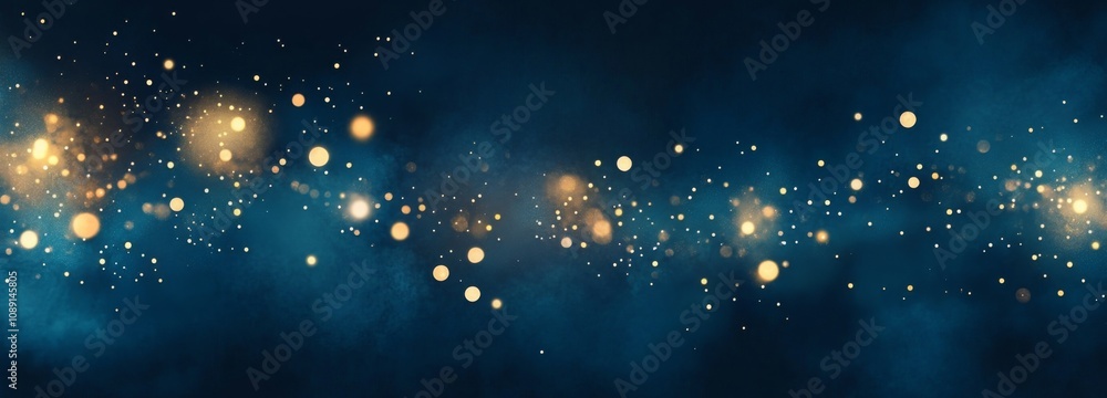 Poster dreamy ethereal dark blue bokeh abstract background with floating white dots of varying sizes and sh