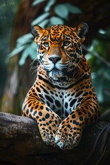 Obraz premium Majestic Jaguar Resting on Branch in Lush Jungle. A Portrait of Power and Grace