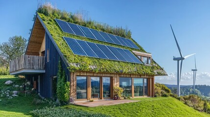 Obraz premium A sustainable modern house with solar panels and green roofing, designed for energy efficiency, with wind turbines visible in the distance.