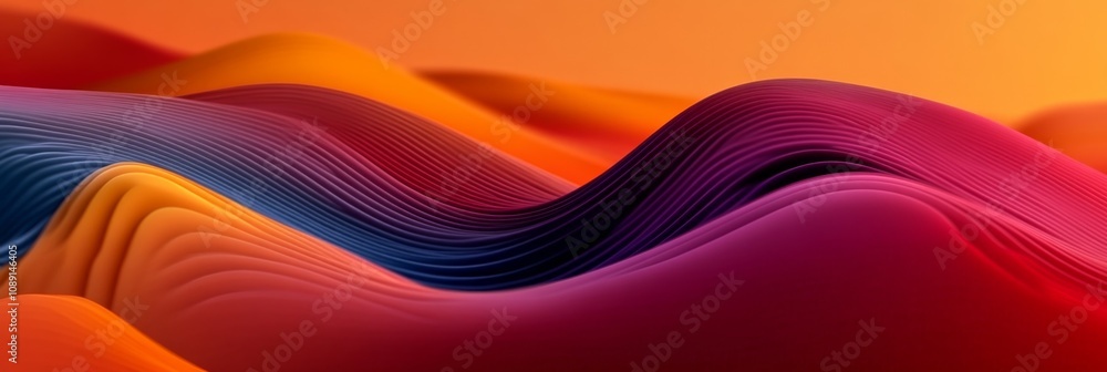 Poster abstract digital art with vibrant gradient background in orange and pink hues, featuring curved wave