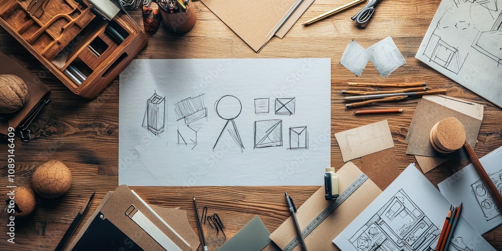 Poster a top-down view of a logo mock-up on a desk with design tools and sketches