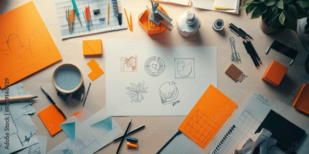 Poster a top-down view of a logo mock-up on a desk with design tools and sketches