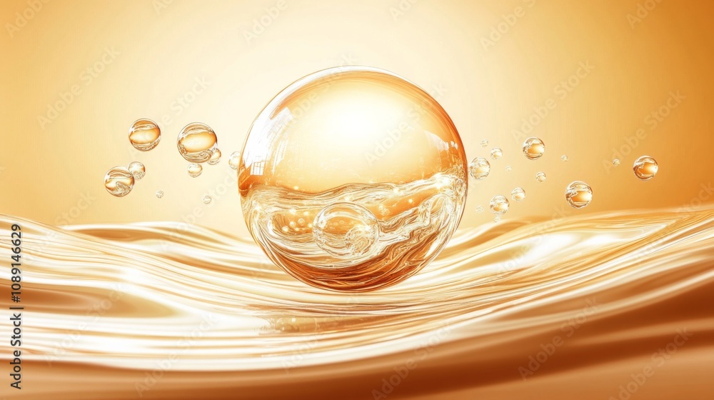 Poster abstract digital art with a single sphere made of bubbles on a wave-like surface in dynamic orange a