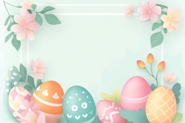 Colorful Easter Eggs in Square Frame with Green Background, Spring and Easter Themed Decoration with Flowers and Leaves.