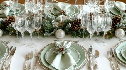 A table set for Christmas dinner with mint green plates, napkins, and glassware, accented with silver cutlery and pinecones.