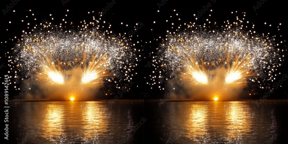 Poster festive firework display over calm waters with vibrant exploding colors and low angle perspective at
