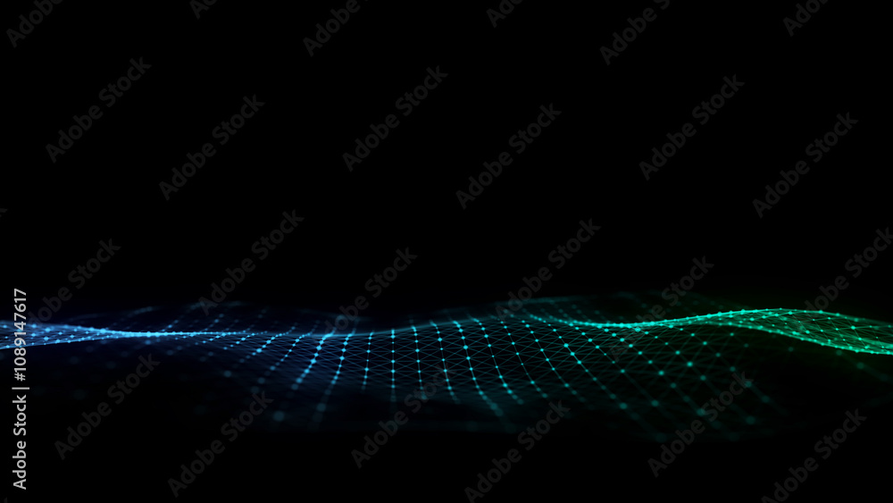 Poster Abstract wave with blue and green light on black background. Science background with moving dots. Network connection technology. Digital structure with particles. 3d rendering.
