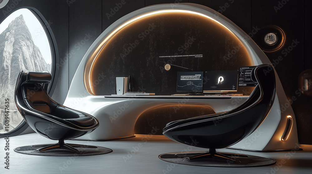 Poster modern workspace with futuristic design emphasizing circular economy principles in a stylish setting