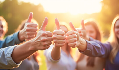 A group of people holding a thumbs up together