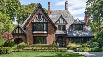 Fototapeta premium Suburban house with a cross-gabled roof, asphalt shingles, neatly landscaped garden,