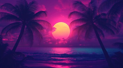 Palm Trees Silhouetted Against a Pink Sunset Over a Tropical Beach © shobakhul