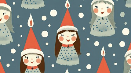 A vintage repeat pattern with Christmas carolers, candles, and polka dots in muted colors, perfect for retro holiday decor.