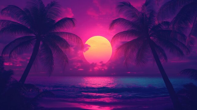 Palm Trees Silhouetted Against a Pink Sunset Over a Tropical Beach