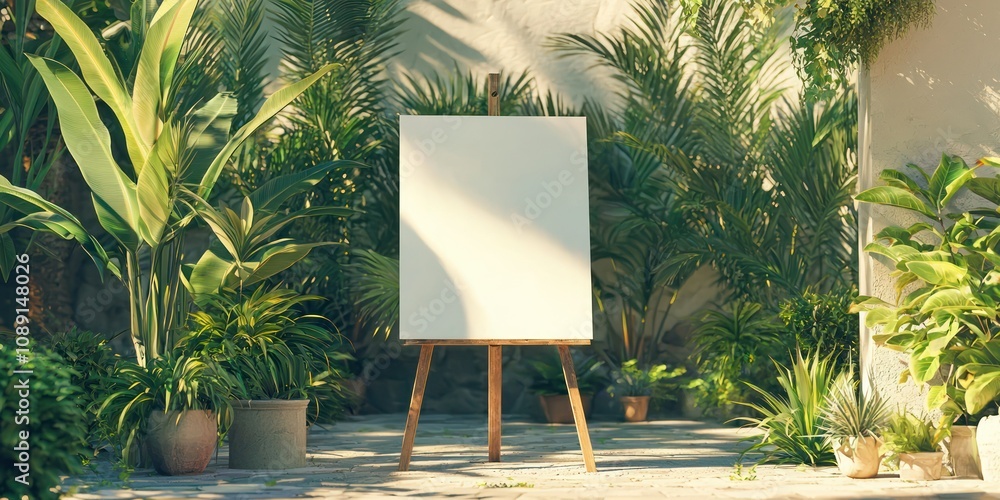 Poster an outdoor scene featuring a design mock-up on an easel, emphasizing artistic expression
