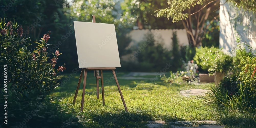 Poster an outdoor scene featuring a design mock-up on an easel, emphasizing artistic expression