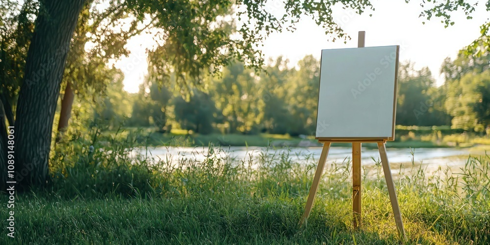 Poster an outdoor scene featuring a design mock-up on an easel, emphasizing artistic expression