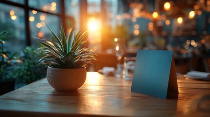 A cozy restaurant setting with warm lighting, featuring a small plant and a blank menu on a wooden table, creating an inviting atmosphere.