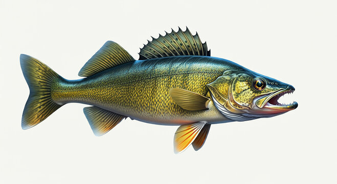 Walleye Fish in the Water, Stream or River, Isolated Nature Wildlife Fishing Angler Illustration
