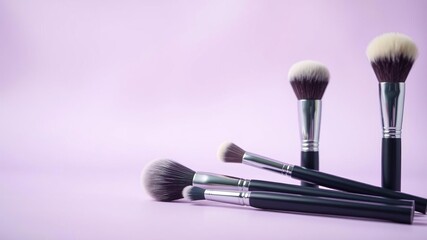 Soft focus scene with pastel purple background featuring a set of high-end makeup brushes, premium brush collection, artistic toolset
