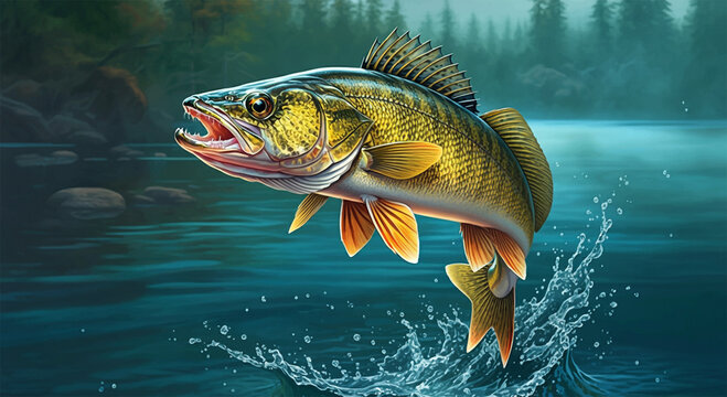 Walleye Fish in the Water, Stream or River, Isolated Nature Wildlife Fishing Angler Illustration