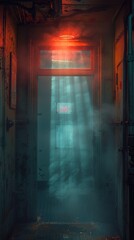 Obraz premium Dark and Foggy Industrial Corridor with Red Light