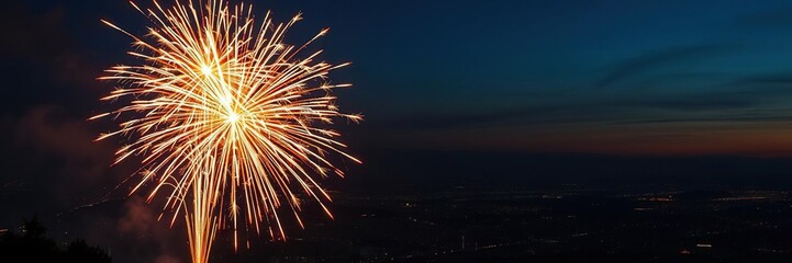 Sparkling fireworks explosion over a star-spangled cityscape at dusk, festive atmosphere, twinkling lights, patriotic decorations