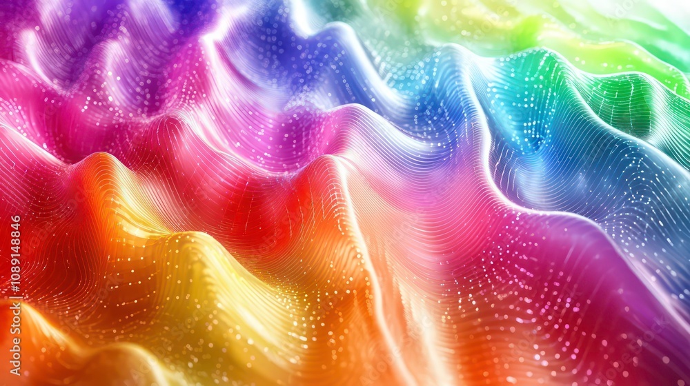 Poster abstract rainbow wave pattern with glowing lines and dots.