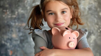 A young girl smiles while hugging a piggy bank, symbolizing savings and financial literacy.