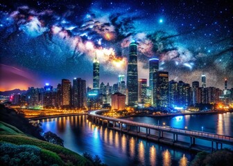 Fototapeta premium Captivating Urban Exploration Under the Nightly Sky: A Stunning Scene of City Lights and Stars with a Perfect Blend of Nature and Architectural Marvels