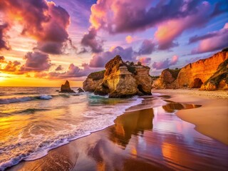 Naklejka premium Captivating View of Praia da Rocha in Portimao: Golden Sands Meet Azure Waves at Sunset, Showcasing Scenic Cliffs and Vibrant Sky in a Picturesque Coastal Landscape