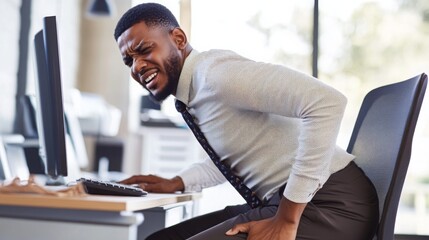Person sitting at desk with poor posture, emphasizing the importance of ergonomic practices for maintaining health and productivity in the workplace.