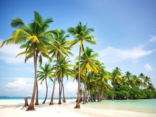 Obraz premium Lush green palm trees standing tall on a pristine tropical sandy beach with crystal clear waters, coastal view, lush greenery