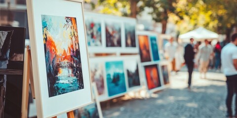 An outdoor scene showcasing a print mock-up displayed at an art fair, emphasizing creativity