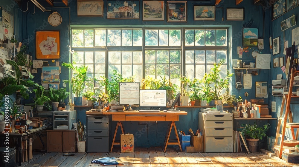 Poster create a cozy and inviting workspace for relaxation and productivity at home with a nature-inspired 