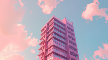 tall building designed in the style of postmodern architectural styles, set against a pastel sky background, in a minimalist style