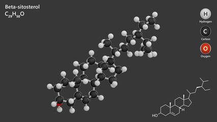Molecule: Beta-Sitosterol. Molecular structure. Formula: C29H50O. Chemical model: Ball and stick. White background. 3D illustration.
