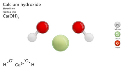 Molecule: Calcium Hydroxide. E526 food additive. Molecular structure. Formula: CaO2H2. Chemical model: Ball and stick. White background. 3D illustration.