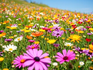 Fototapeta premium A vibrant meadow teeming with life as a mix of colorful spring flowers bloom against a clear blue sky, spring flower meadow, sunshine