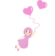 girl in pink dress flying holding balloons