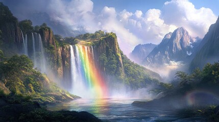 Fototapeta premium Majestic Rainbow Waterfall in a Serene Mountain Valley