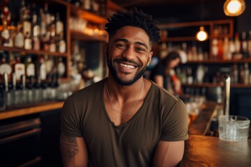 Fototapeta premium Smiling portrait of a young African American male bartender
