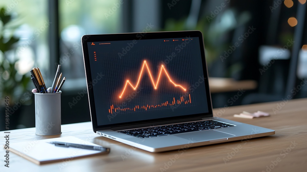 Aufkleber analyzing business trends with technology data visualization on a laptop in a modern workspace