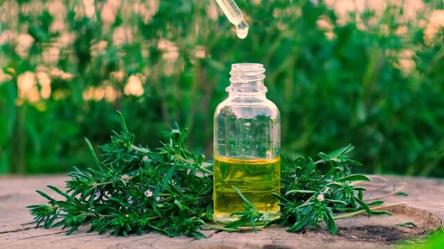 Thyme extract in a bottle. Selective focus.