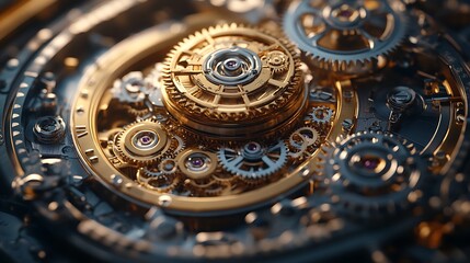 Intricate Gold and Silver Clockwork Gears Mechanism