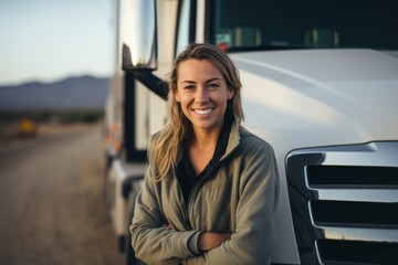 Fototapeta premium Smiling portrait of a middle aged Caucasian female truck driver