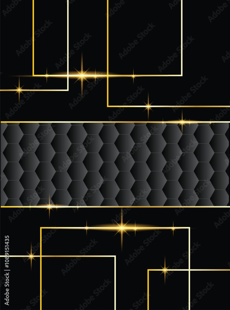 Poster golden shiny square shapes on black with hexagons background. frames and borders with place for text