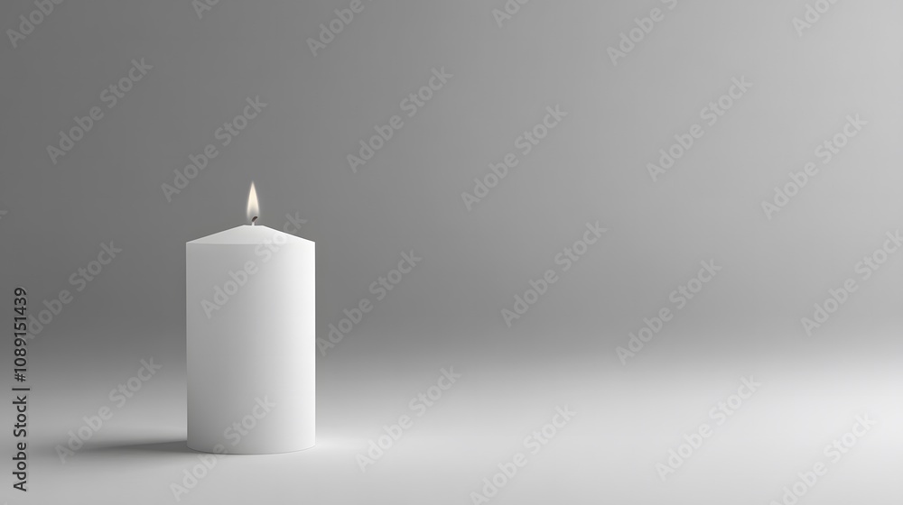 Poster minimalist composition of a single white candle with soft flame against a simple gray background evo