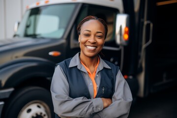 Smiling portrait of a middle aged African American female truck driver