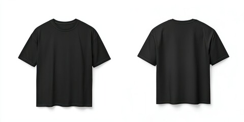 Black oversized T-shirt, front and back view, mockup, isolated on a white background.